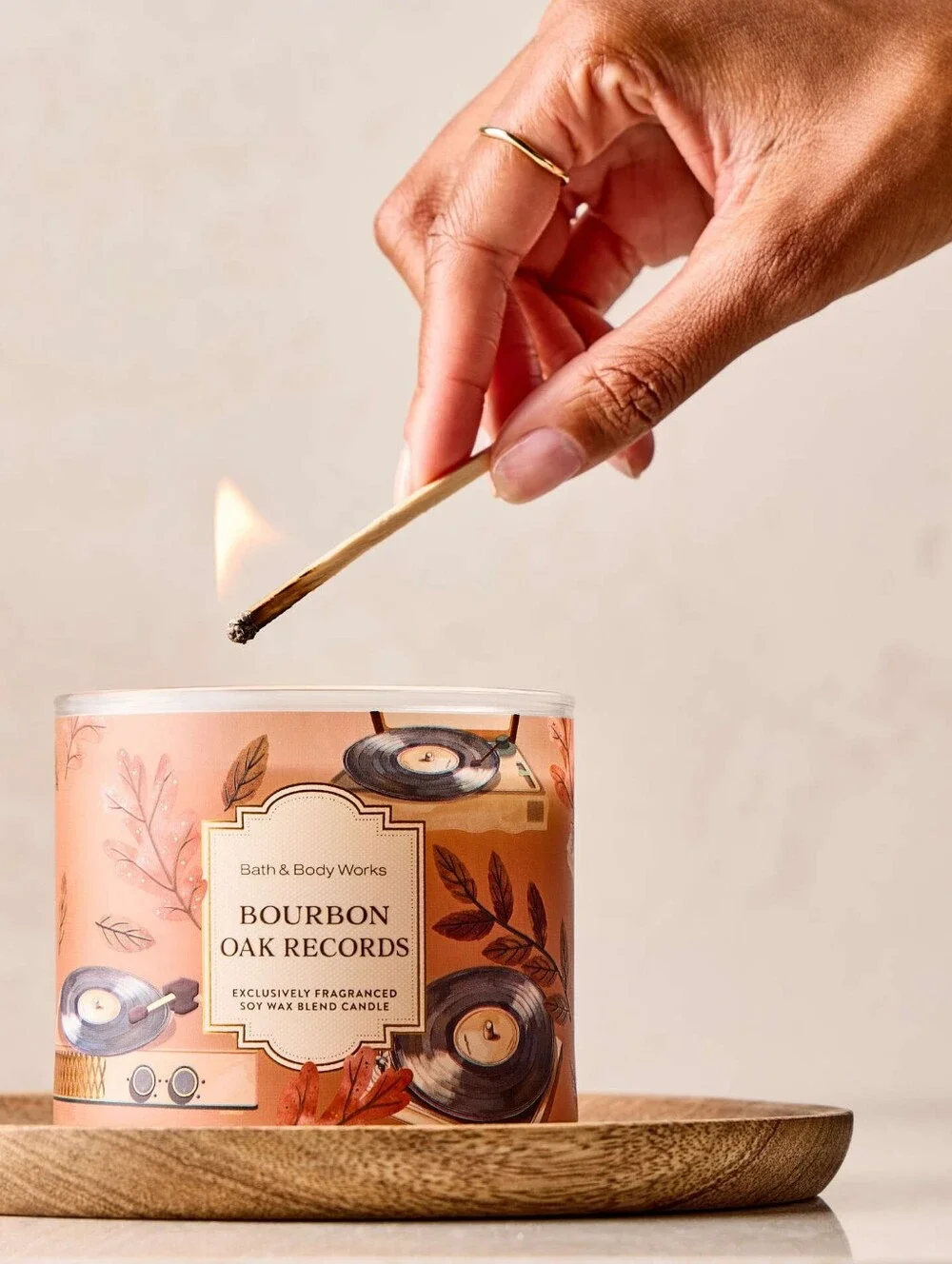 Bath & Body Works Record Player Candle Holder & Bourbon Oak Records Candle Set